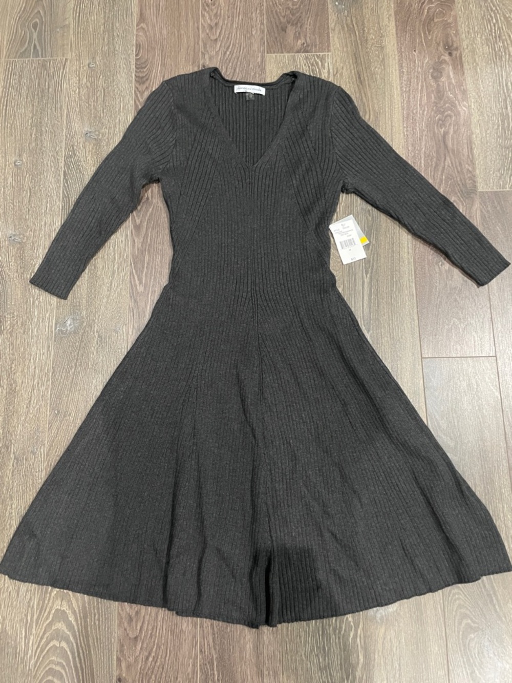 Danny & Nicole Charcoal Rib-Knit Long Sleeve Fit-and-Flare Dress